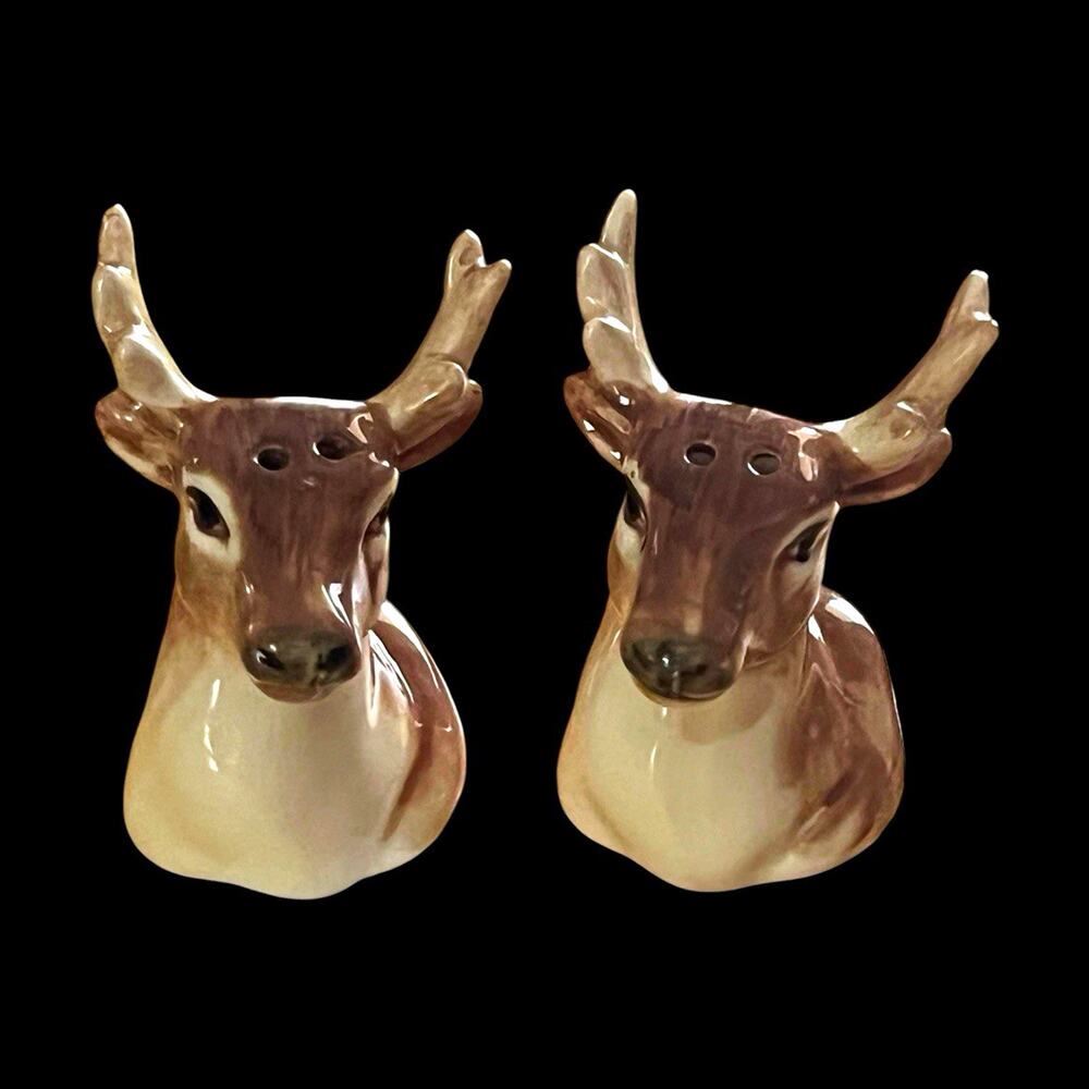 Deer Head Salt Shakers Set of 2 Brown and White Ceramic